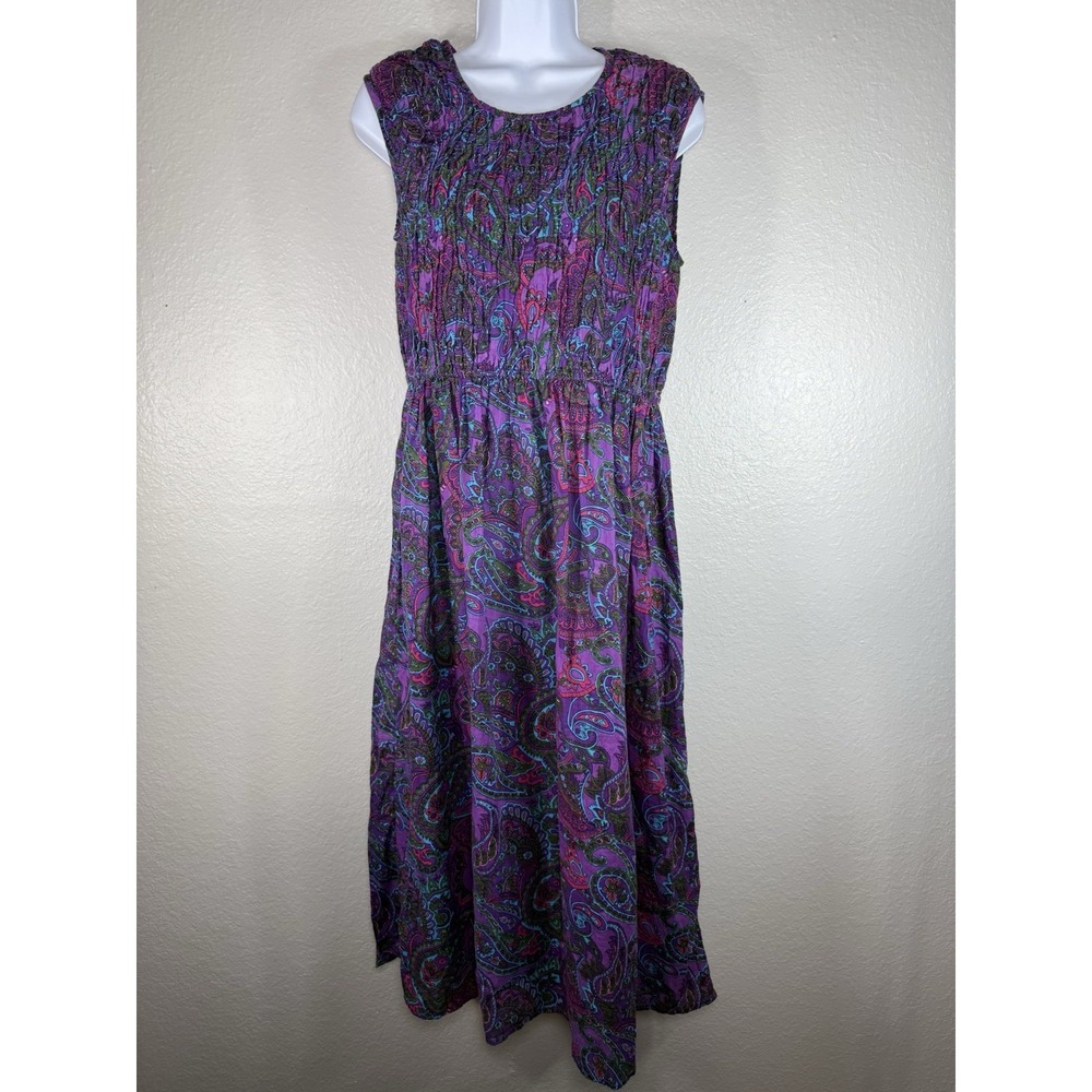 Expressions Women's M Purple Paisley Maxi Dress Smocked Boho Cottage Core